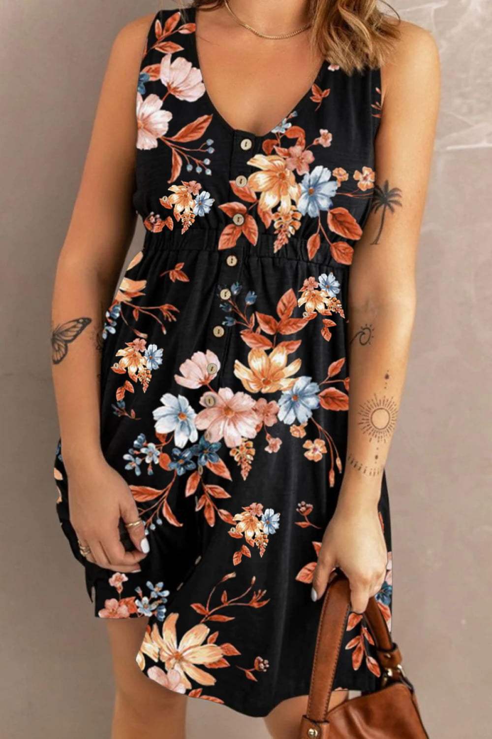 Double Take Printed Scoop Neck Sleeveless Buttoned Magic Dress with Pockets Casual Dresses - Tophatter Daily Deals