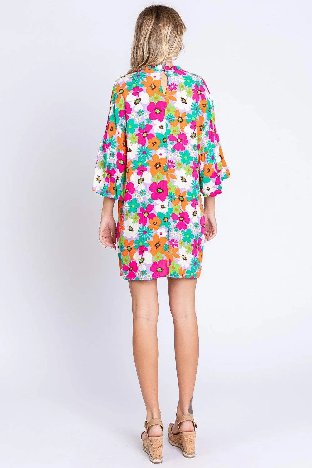 GeeGee Full Size Floral Round Neck Lantern Sleeve Mini Dress Casual Dresses - Tophatter Daily Deals