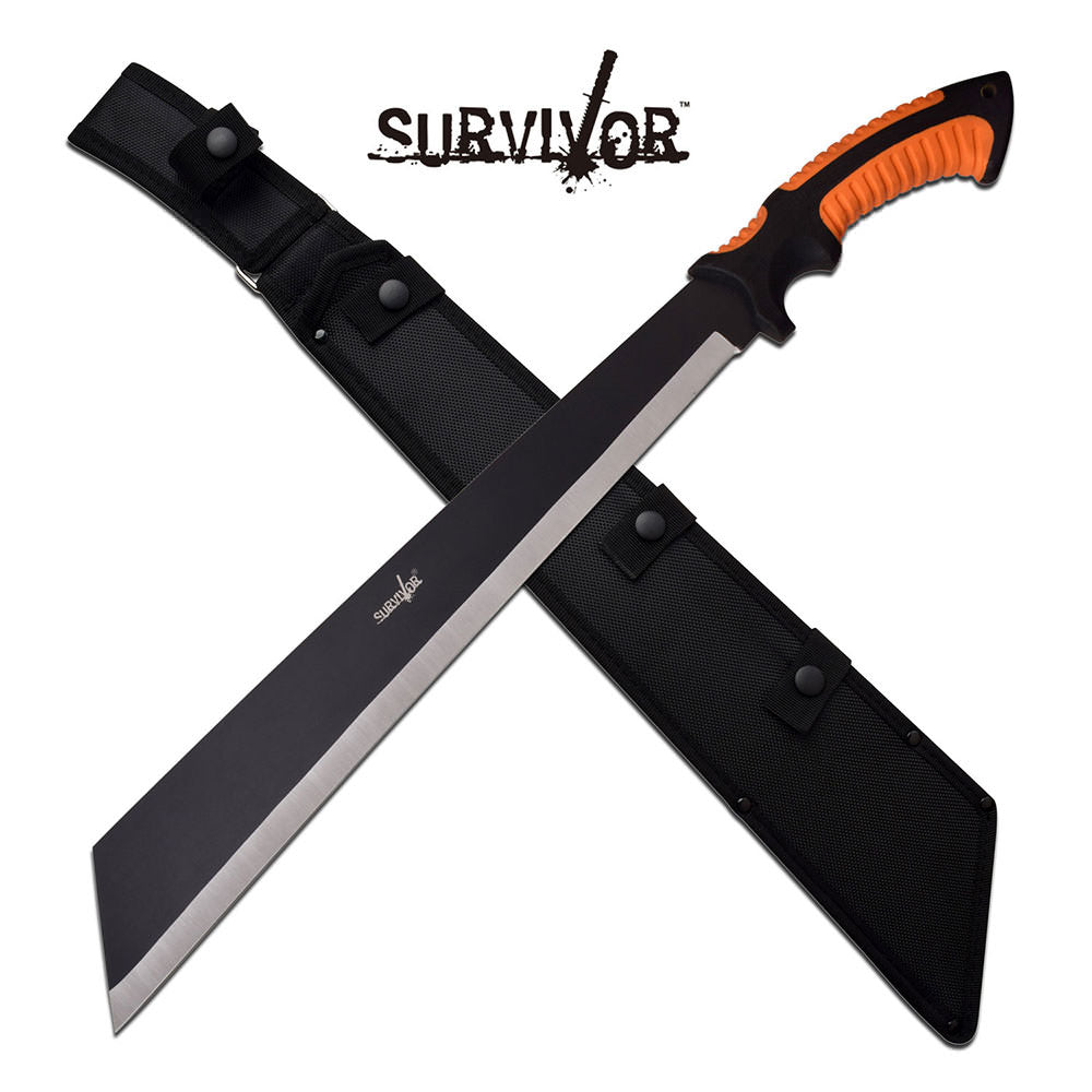 24" Overall Curved Black Blade Orange Handle + Sheath Tanto Machete - Tophatter's Army Products & Self Defense Collectible Weapons - Tophatter Daily Deals
