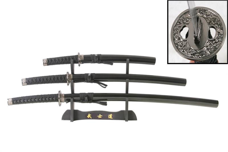 Traditional Samurai Sword 3 pc Set with Display Stand Collectible Weapons - Tophatter Daily Deals