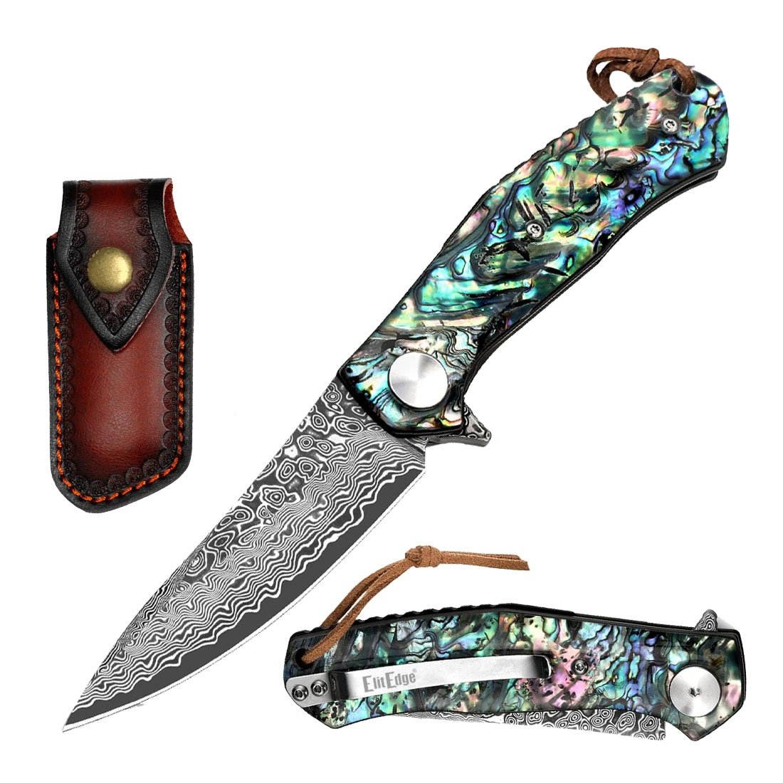 Ball Bearing Drop Point Damascus Blade Pocket Knife Abalone Handle - TOPHATTER'S ARMORY DEALS Collectible Weapons - Tophatter Daily Deals