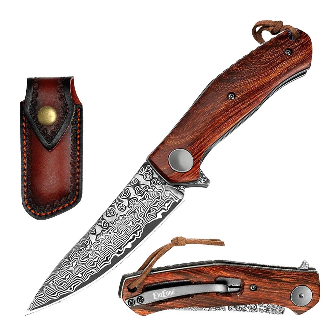 Ball Bearing Drop Point Damascus Blade Pocket Knife Wood Handle - TOPHATTER'S ARMORY DEALS Collectible Weapons - Tophatter Daily Deals