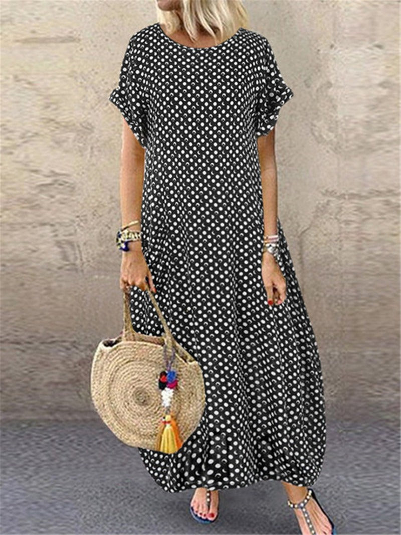 Summer Polka Dot Print Short Sleeve Plus Size Dress Black Maxi Dresses - Tophatter Daily Deals