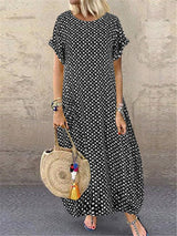 Summer Polka Dot Print Short Sleeve Plus Size Dress Black Maxi Dresses - Tophatter Daily Deals