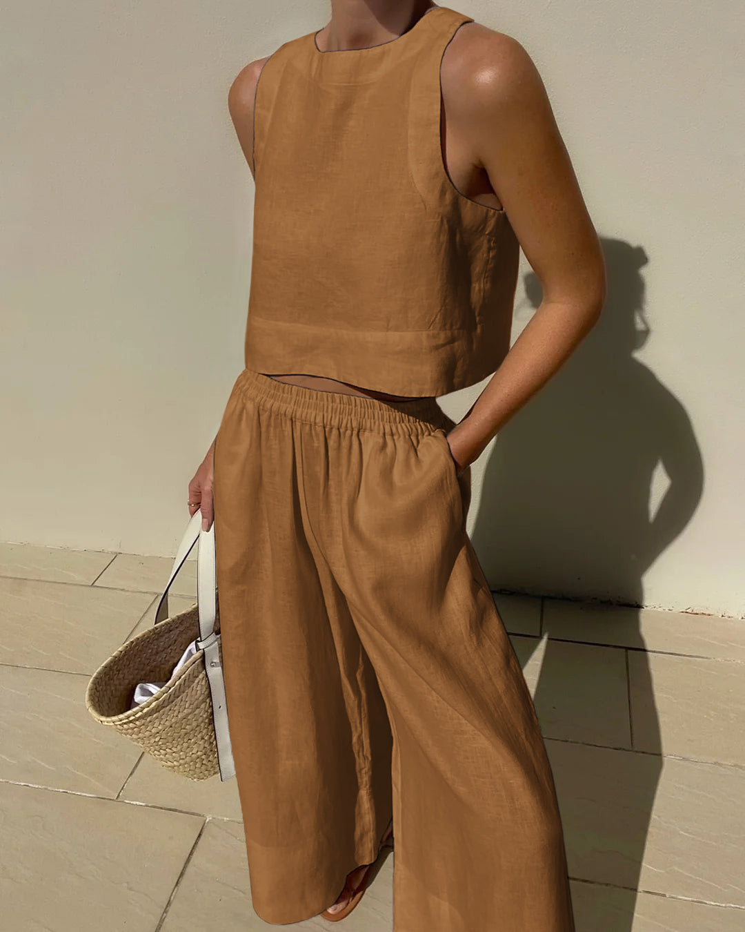 Crop Tops Wide Leg Pants Set Khaki Two Pieces Sets - Tophatter Daily Deals