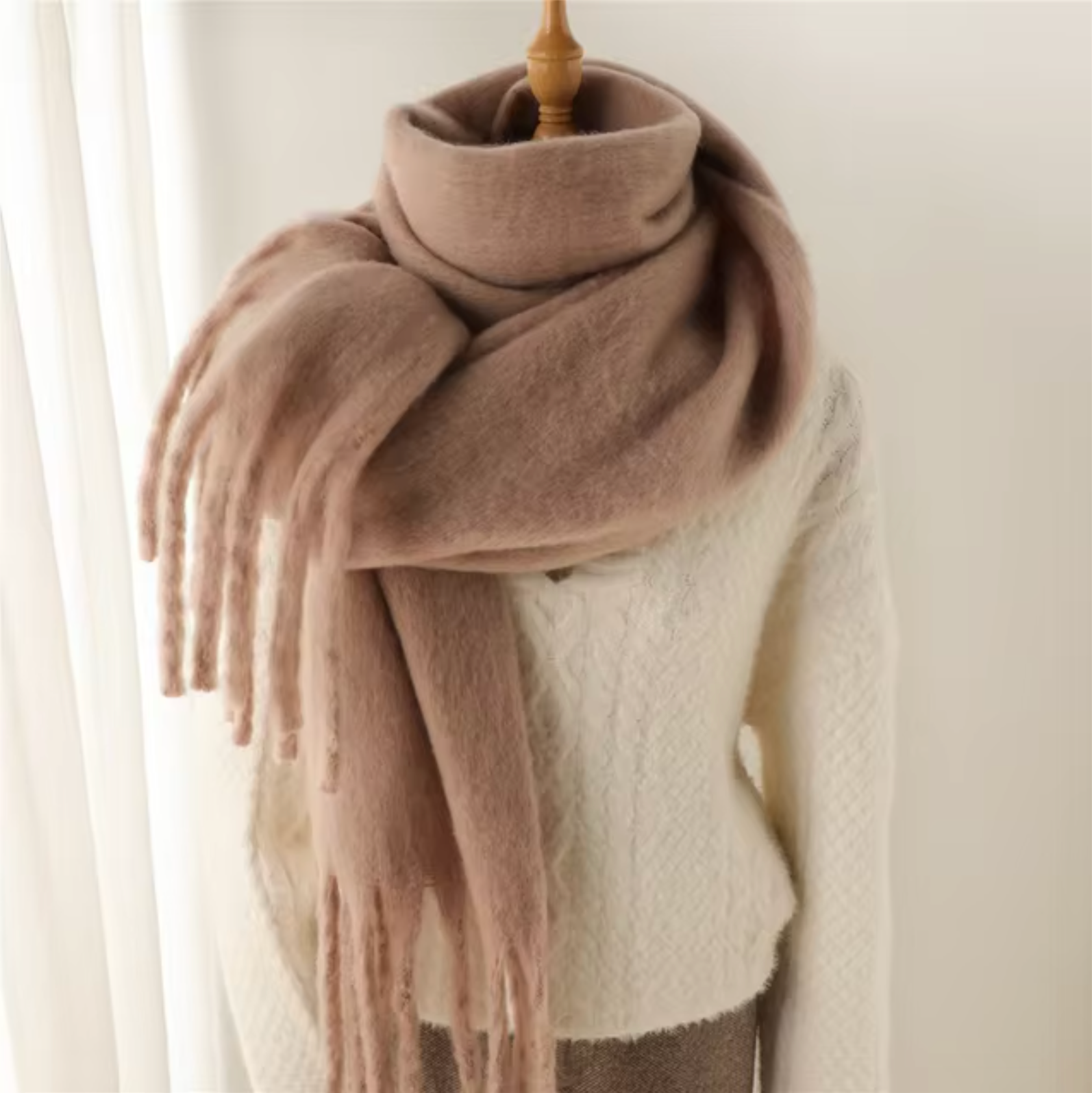 Warm Cozy Womens Winter Scarf - Blanket Fringe Plush Khaki One Size - Tophatter Daily Deals