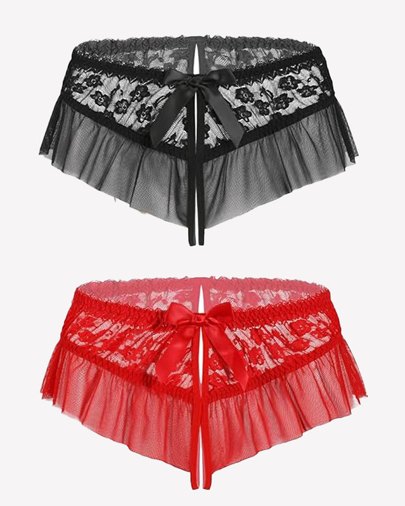 Floral Lace Briefs with Cute Bow Red+Black Lingeries-panties - Tophatter Daily Deals