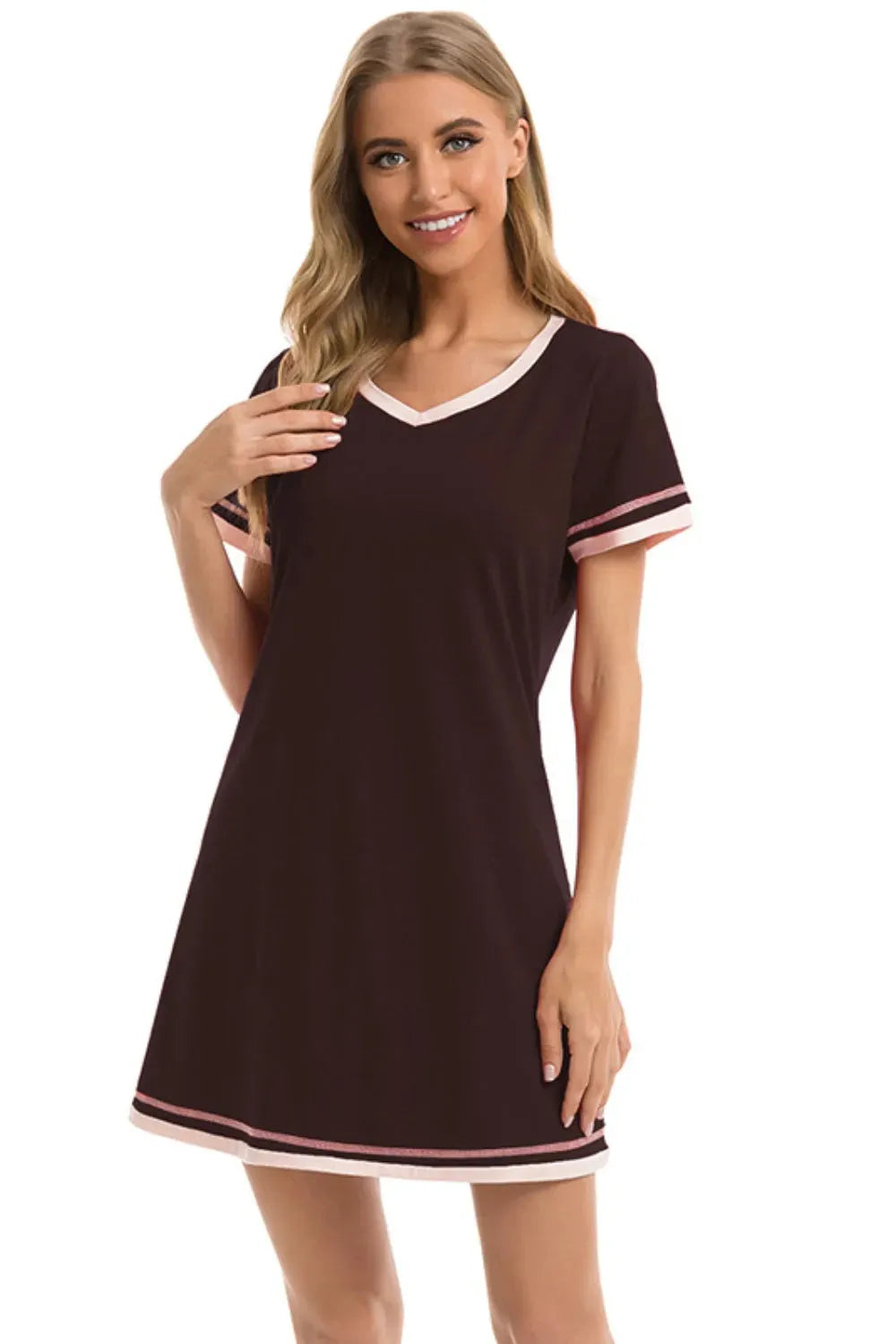 Contrast Trim Short Sleeve Lounge Dress Chocolate Sleep Dresses - Tophatter Daily Deals