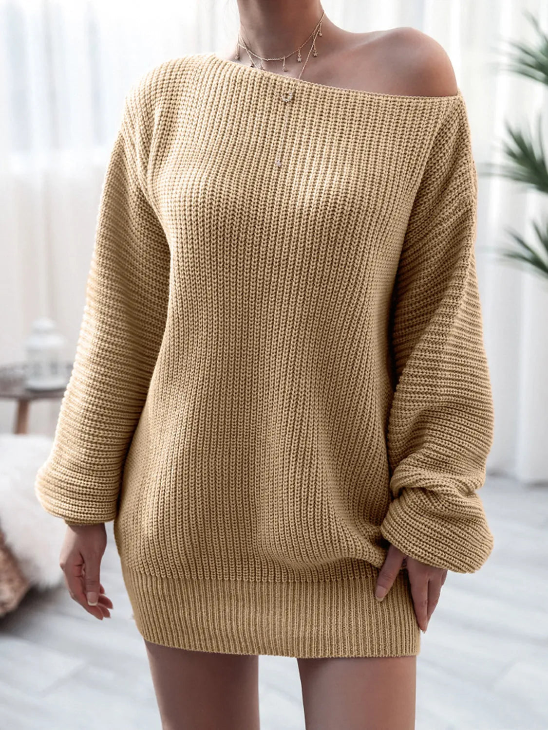 Rib-Knit Mini Sweater Dress Khaki Casual Dresses - Tophatter Daily Deals