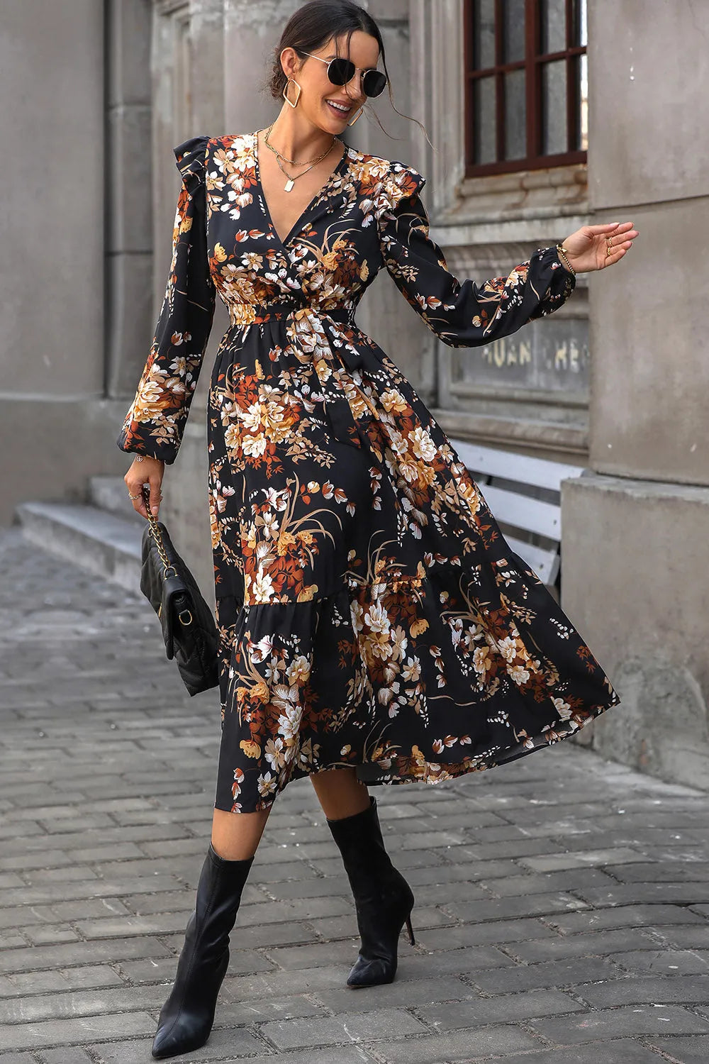 Floral Surplice Tie Front Ruffle Hem Midi Dress Casual Dresses - Tophatter Daily Deals