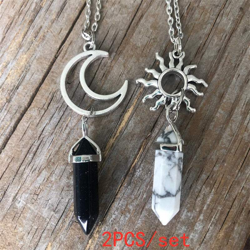 Vintage Sun Moon Natural Stone Hexagonal Pillar Necklace SET (2pcs) Necklaces - Tophatter Daily Deals