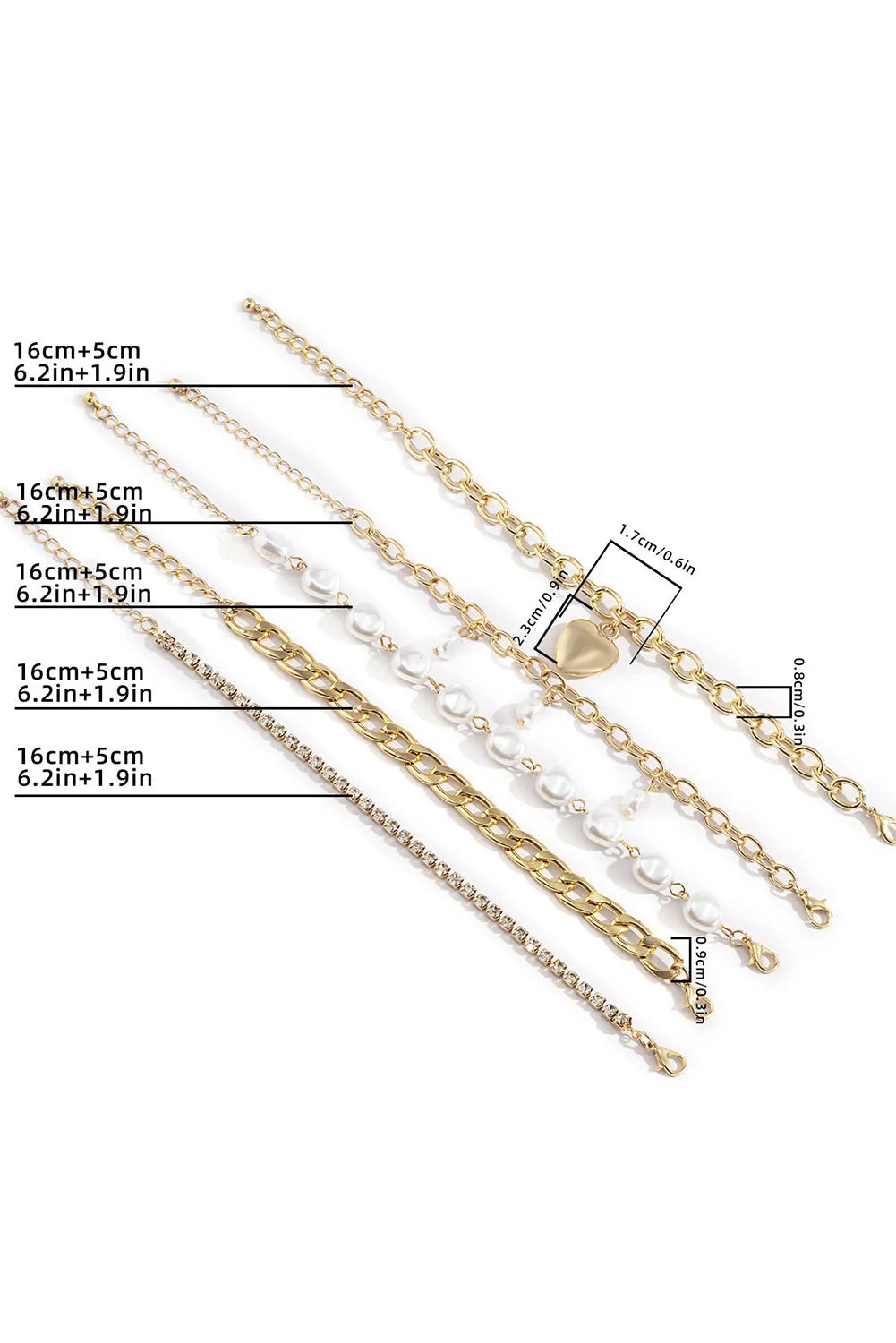 Gold 5Pcs Pearl Heart Diamond Bracelet Set Bracelets - Tophatter Daily Deals