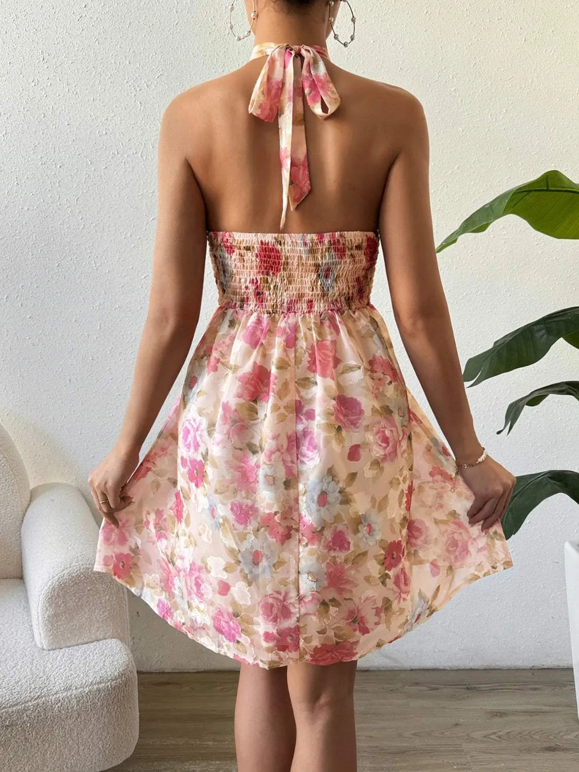 Smocked Printed Halter Neck Dress Casual Dresses - Tophatter Daily Deals