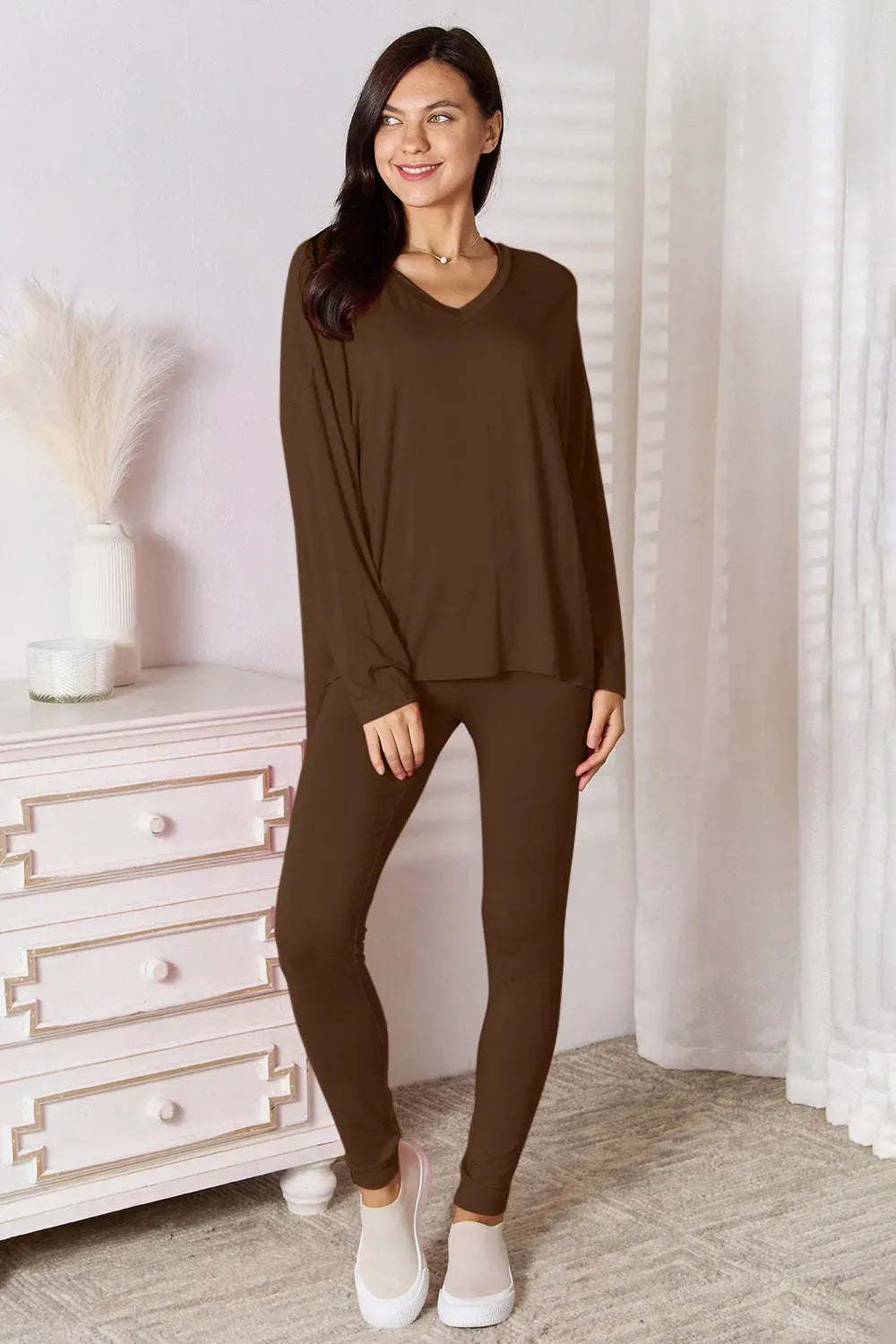 Basic Bae Full Size V-Neck Soft Rayon Long Sleeve Top and Pants Lounge Set Loungewear Sets - Tophatter Daily Deals