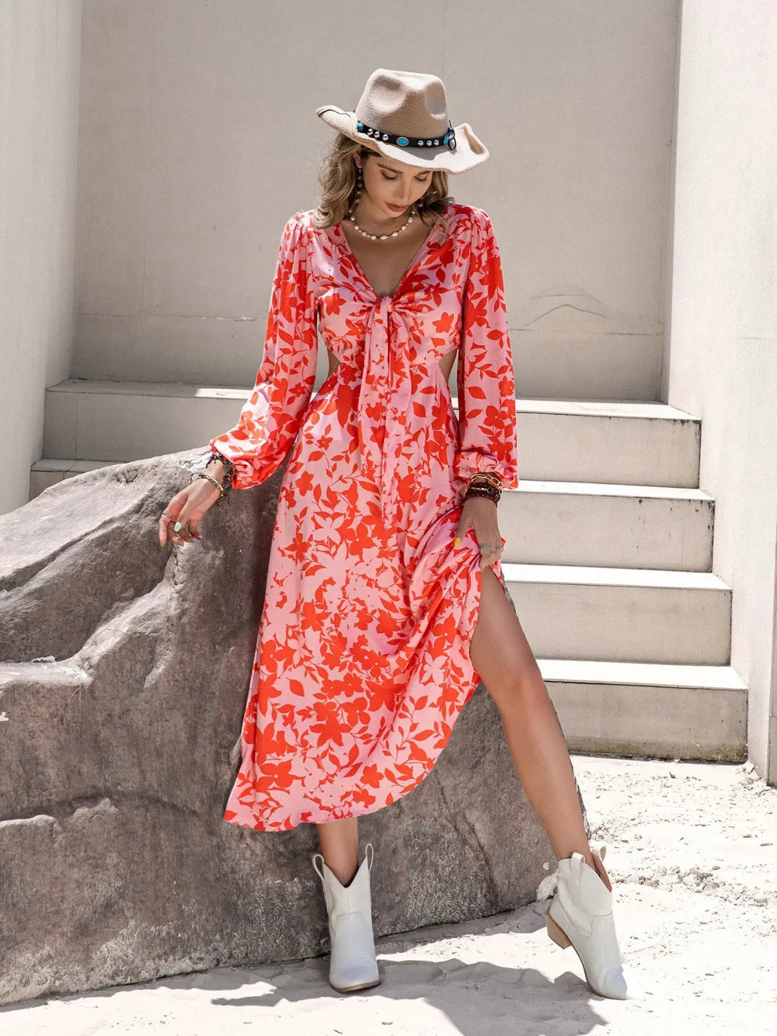 Tied Cutout Printed Long Sleeve Midi Dress Orange Casual Dresses - Tophatter Daily Deals