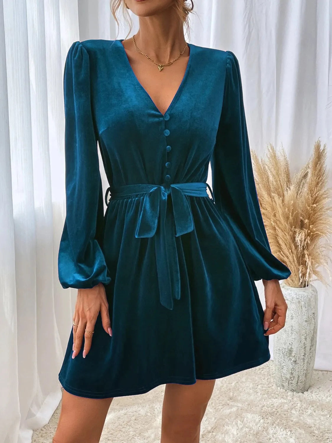 V-Neck Tie Waist Mini Dress Peacock Blue Cocktail Dresses - Tophatter Daily Deals