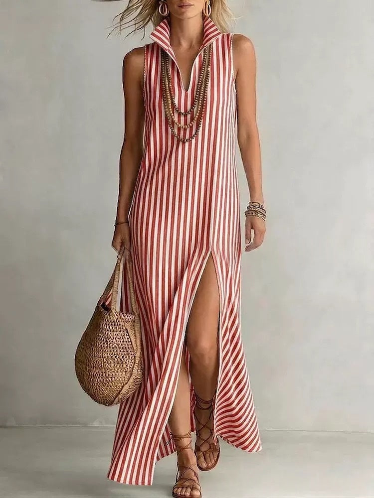 Striped Stand Collar Side-Slit Sleeveless Maxi Dress – A-Line Cami Women's Dresses - Tophatter Daily Deals
