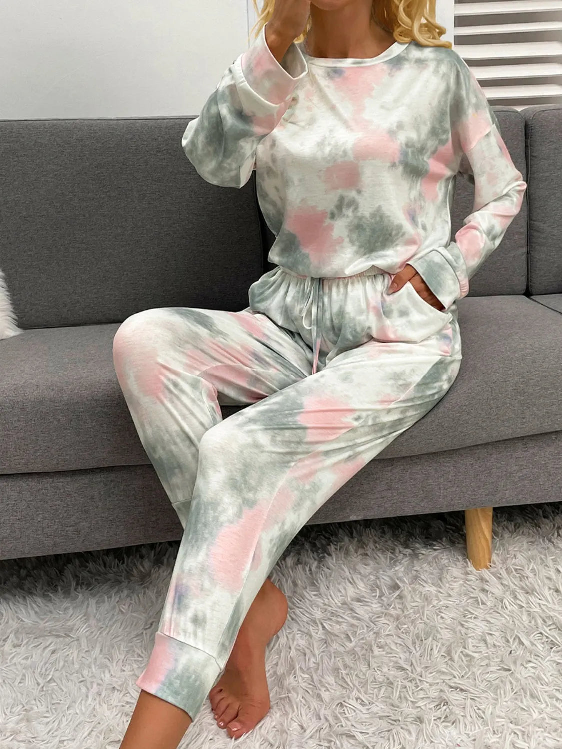 Tie-Dye Round Neck Top and Drawstring Pants Lounge Set Loungewear Sets - Tophatter Daily Deals