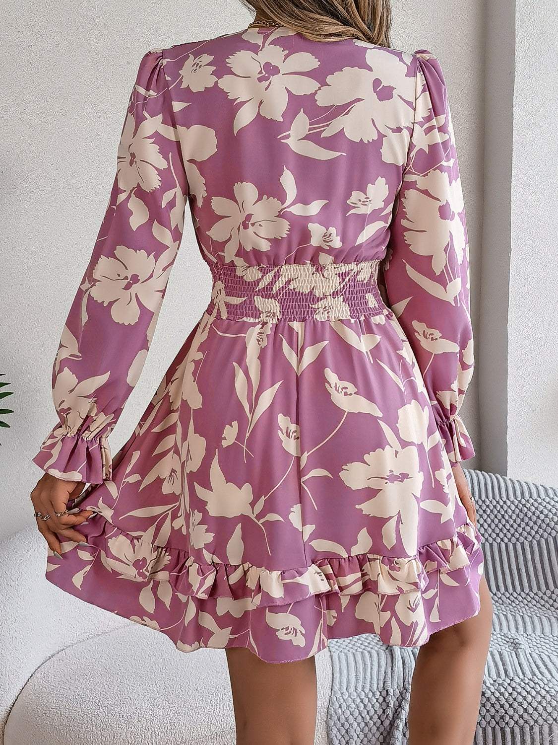 Tied Ruffled Printed Long Sleeve Dress Casual Dresses - Tophatter Daily Deals