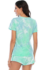 Tie-Dye Round Neck Short Sleeve Top and Shorts Lounge Set Loungewear Sets - Tophatter Daily Deals