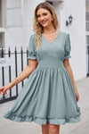 Swiss Dot Frill Trim Flounce Sleeve V-Neck Dress Casual Dresses - Tophatter Daily Deals