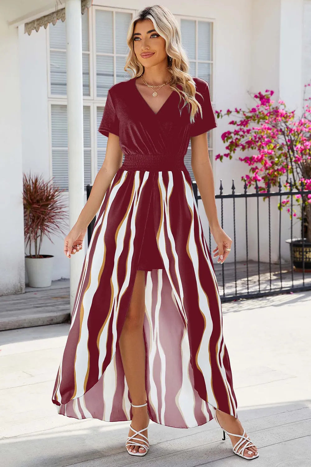 Smocked High-Low Printed Surplice Dress Deep Red Casual Dresses - Tophatter Daily Deals