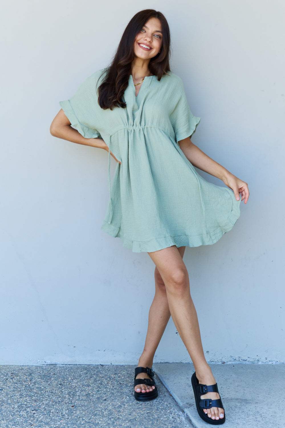 Ninexis Out Of Time Full Size Ruffle Hem Dress with Drawstring Waistband in Light Sage Casual Dresses - Tophatter Daily Deals