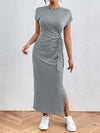 Tied Striped Round Neck Short Sleeve Tee Dress Gray Casual Dresses - Tophatter Daily Deals