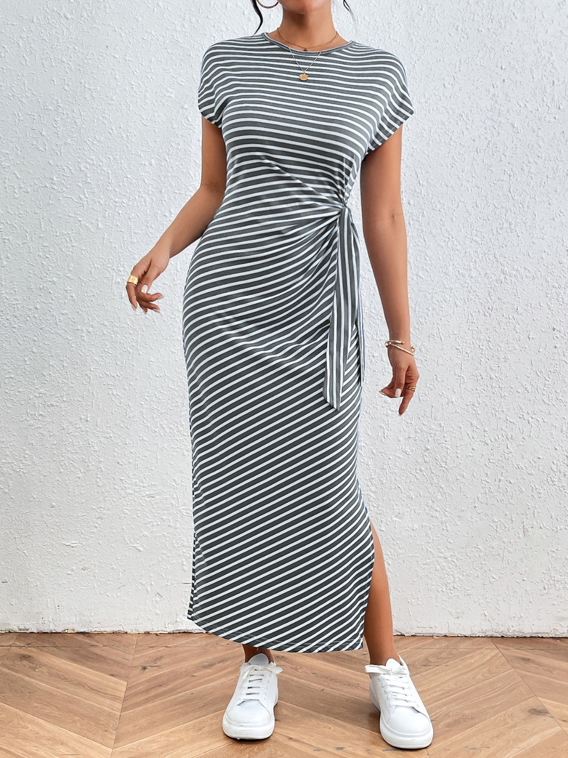Tied Striped Round Neck Short Sleeve Tee Dress - Tophatter Deals
