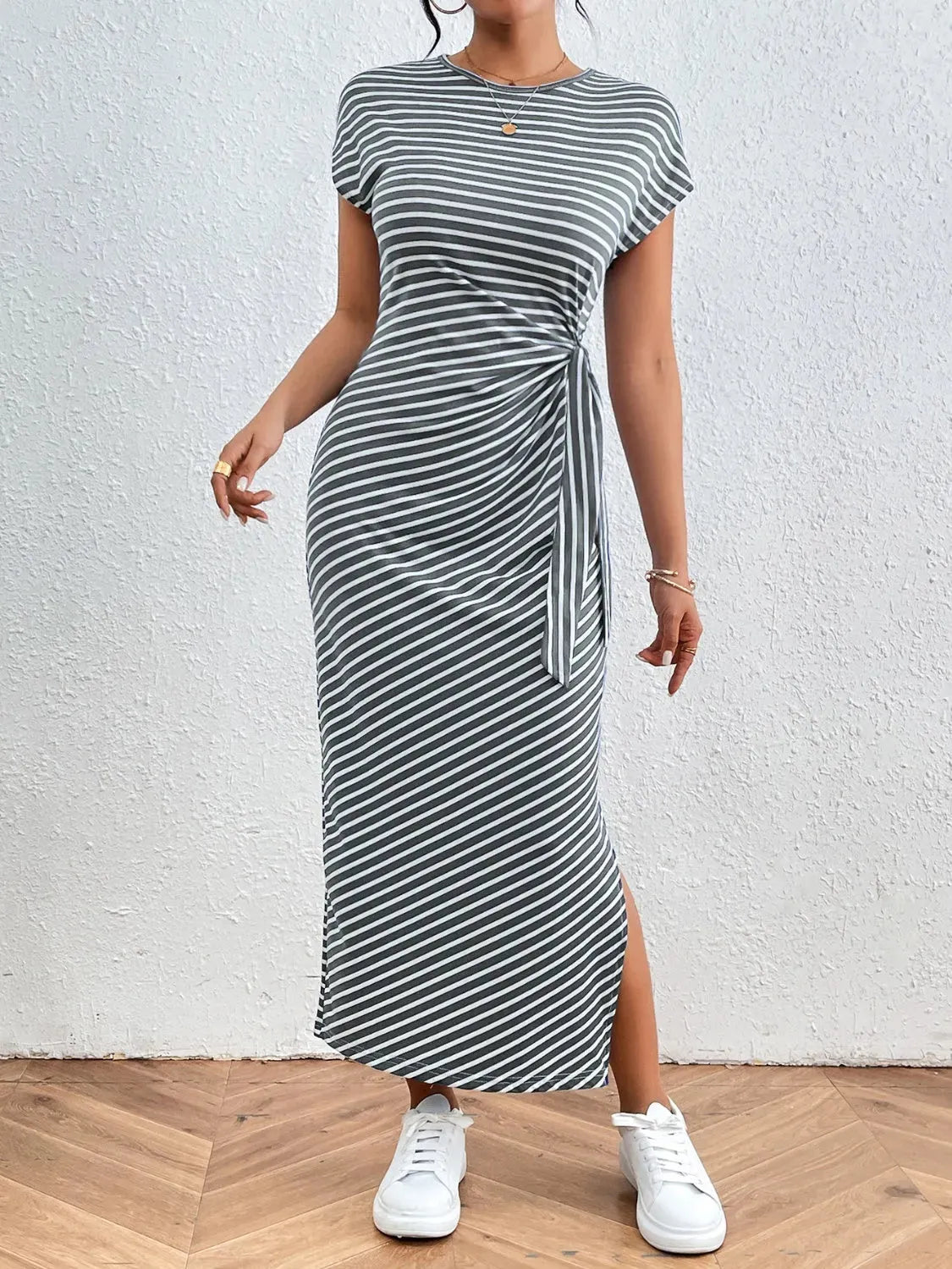 Tied Striped Round Neck Short Sleeve Tee Dress Casual Dresses - Tophatter Daily Deals