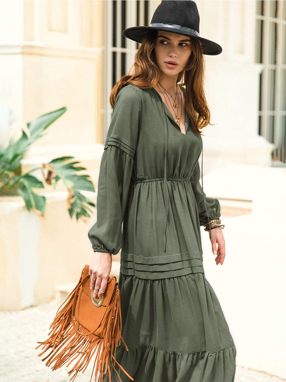 Tie Neck Long Sleeve Midi Tiered Dress Casual Dresses - Tophatter Daily Deals