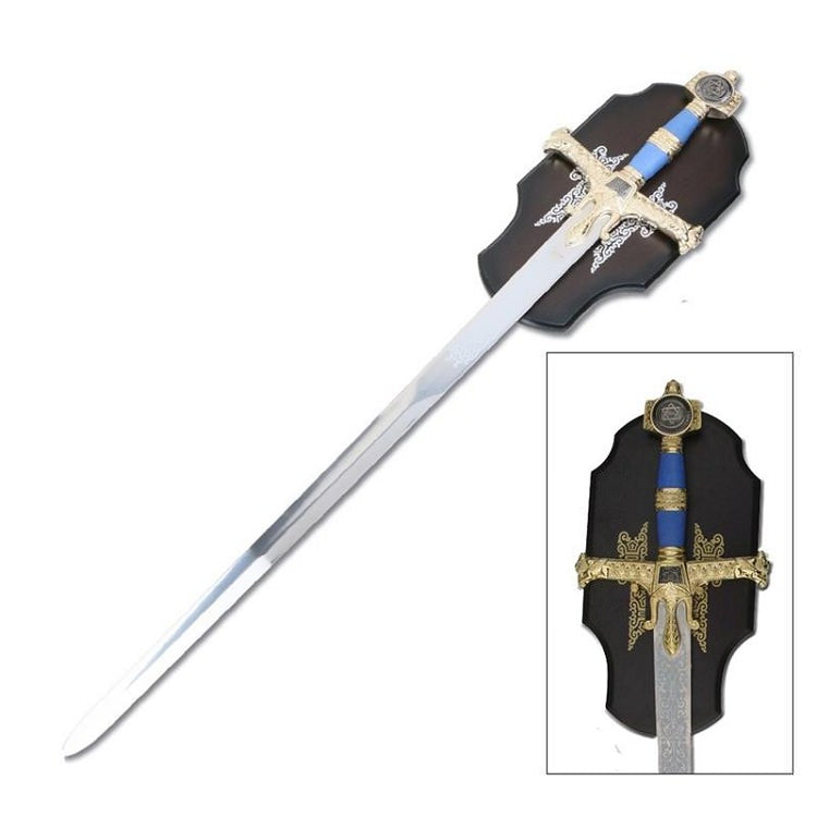 Medieval Sword King Solomon Templar Blue With Wall Plaque - Tophatter's Guns'N'Weapons Store - FREE SHIPPING Collectible Weapons - Tophatter Daily Deals