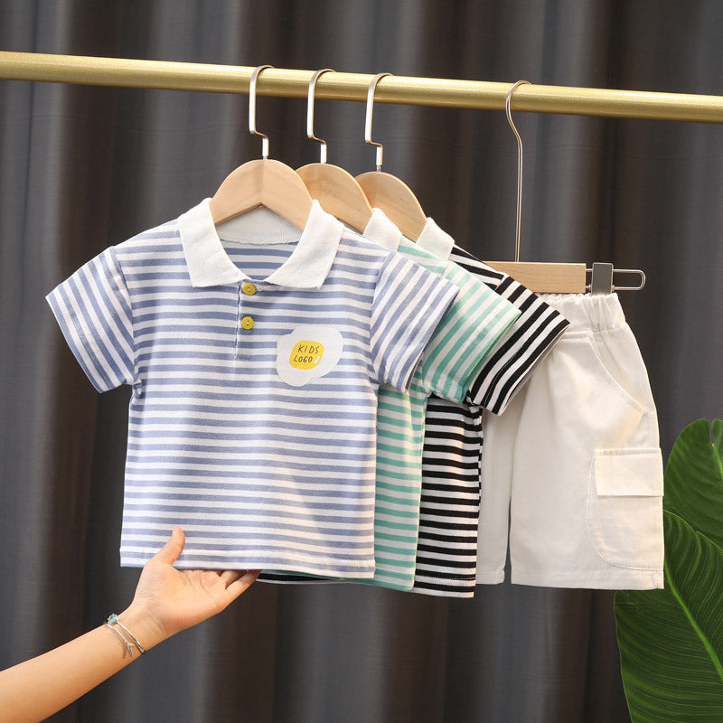 Boys' Summer Cute Stripes Solid Color Short-sleeved Shorts Two-piece Set 0 - Tophatter Daily Deals