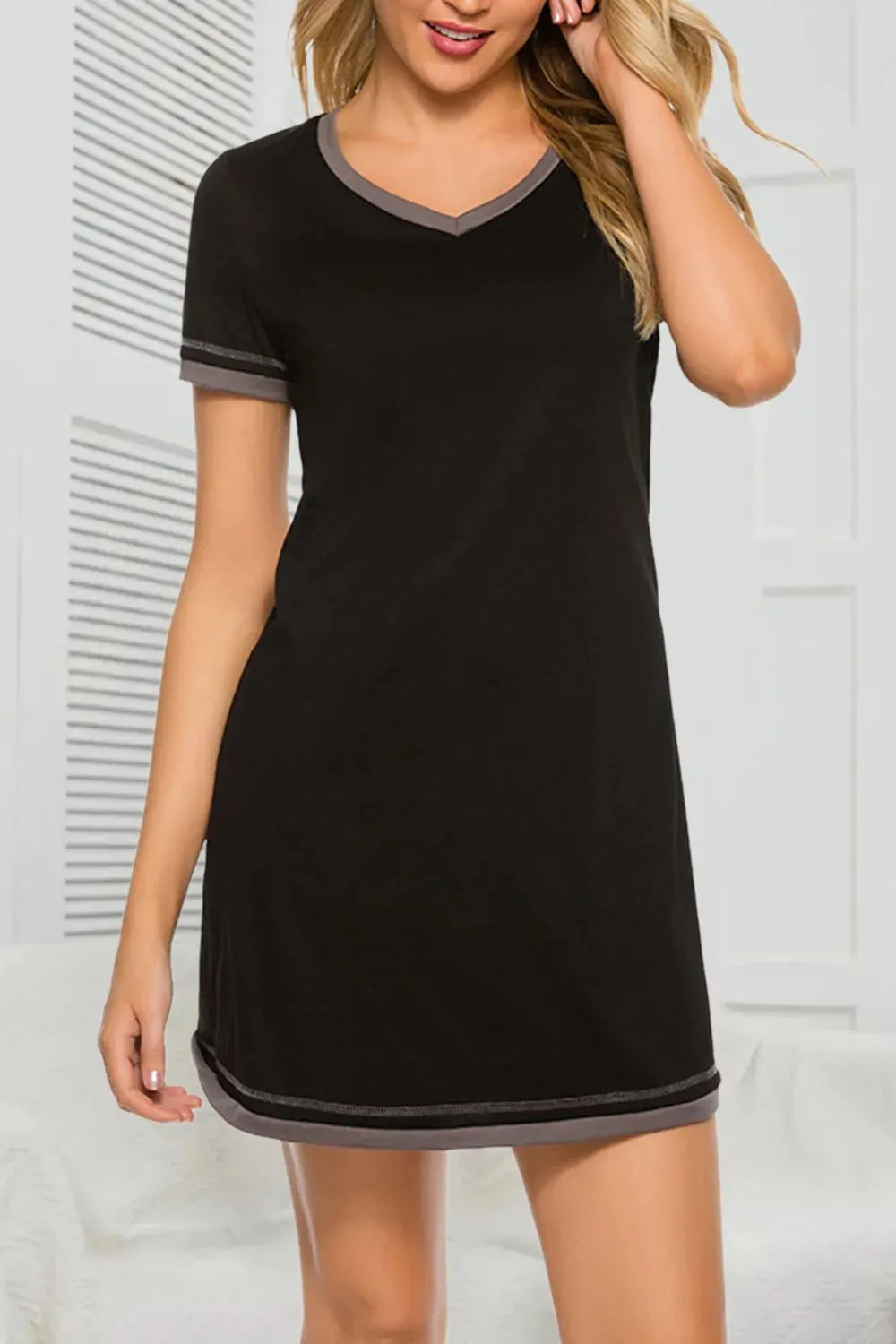 Contrast Trim Short Sleeve Lounge Dress Black Sleep Dresses - Tophatter Daily Deals