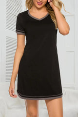 Contrast Trim Short Sleeve Lounge Dress Black Sleep Dresses - Tophatter Daily Deals