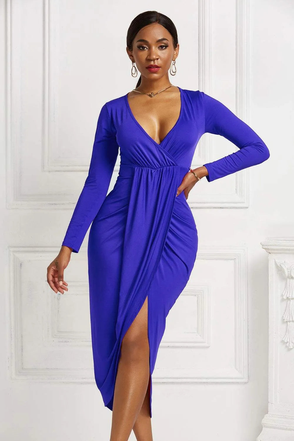 High-low Ruched Surplice Long Sleeve Dress Cocktail Dresses - Tophatter Daily Deals