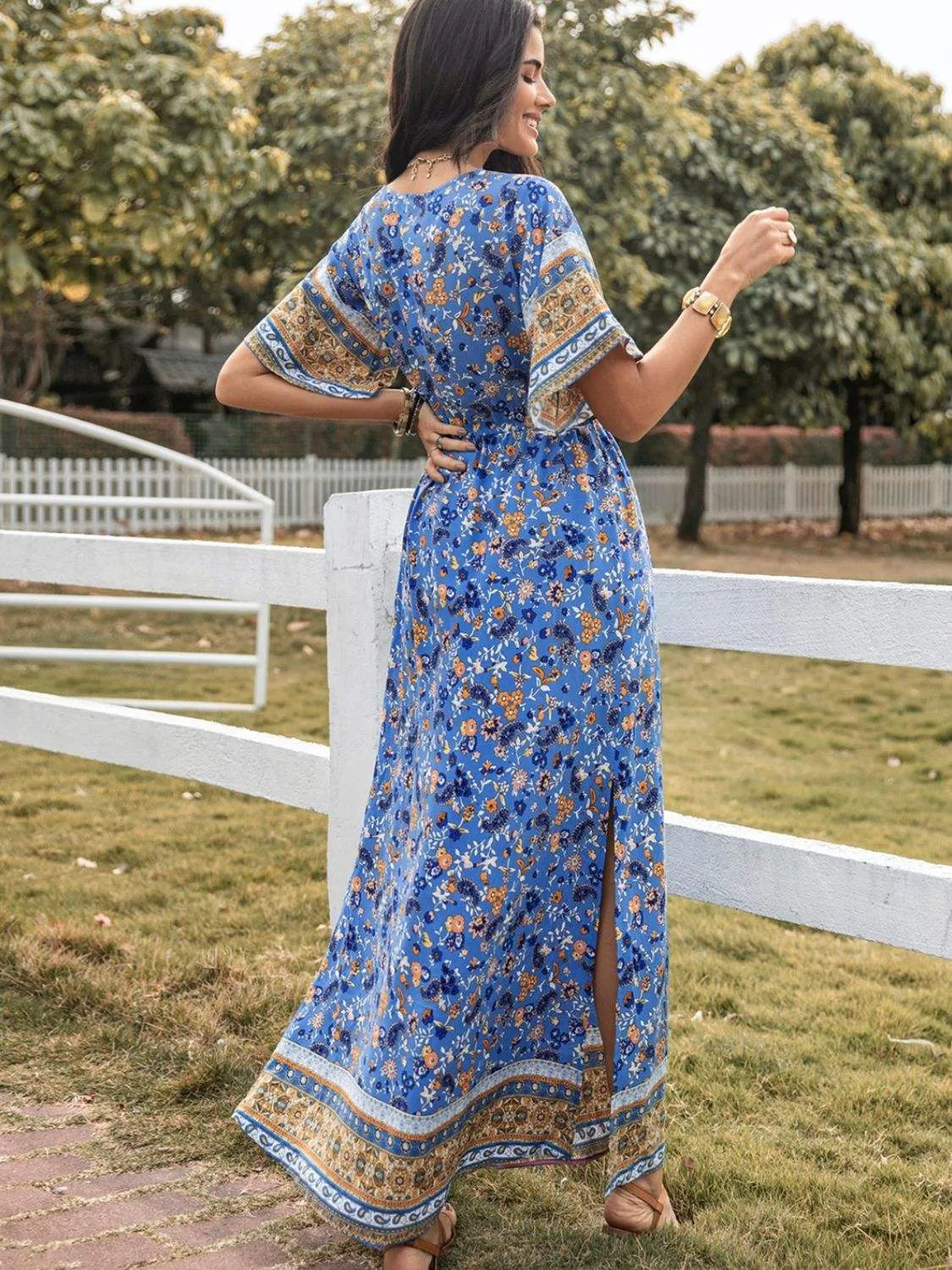 Slit Printed V-Neck Half Sleeve Maxi Dress Casual Dresses - Tophatter Daily Deals