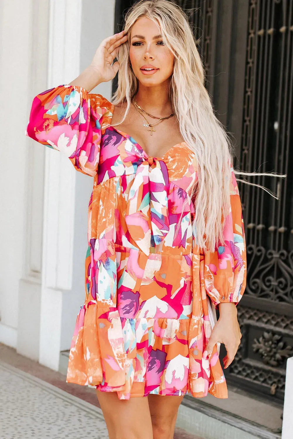 Sweetheart Neck Balloon Sleeve Tiered Mini Dress Multicolor Casual Dresses - Tophatter Daily Deals