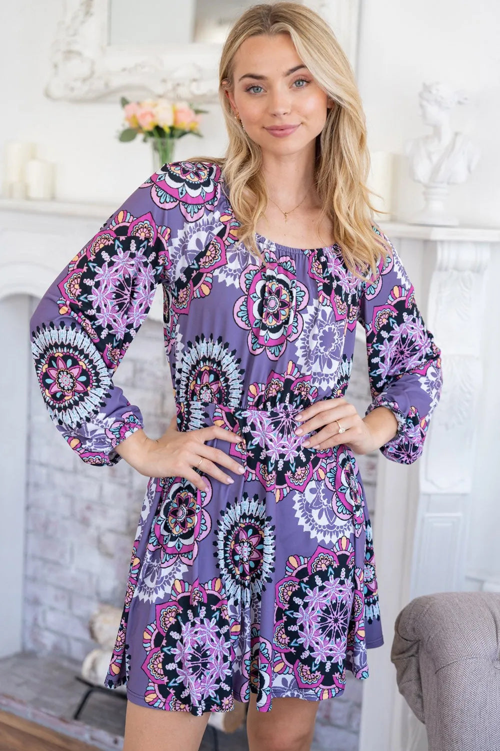 White Birch Printed Long Sleeve Mini Dress with Short Liner Purple Casual Dresses - Tophatter Daily Deals