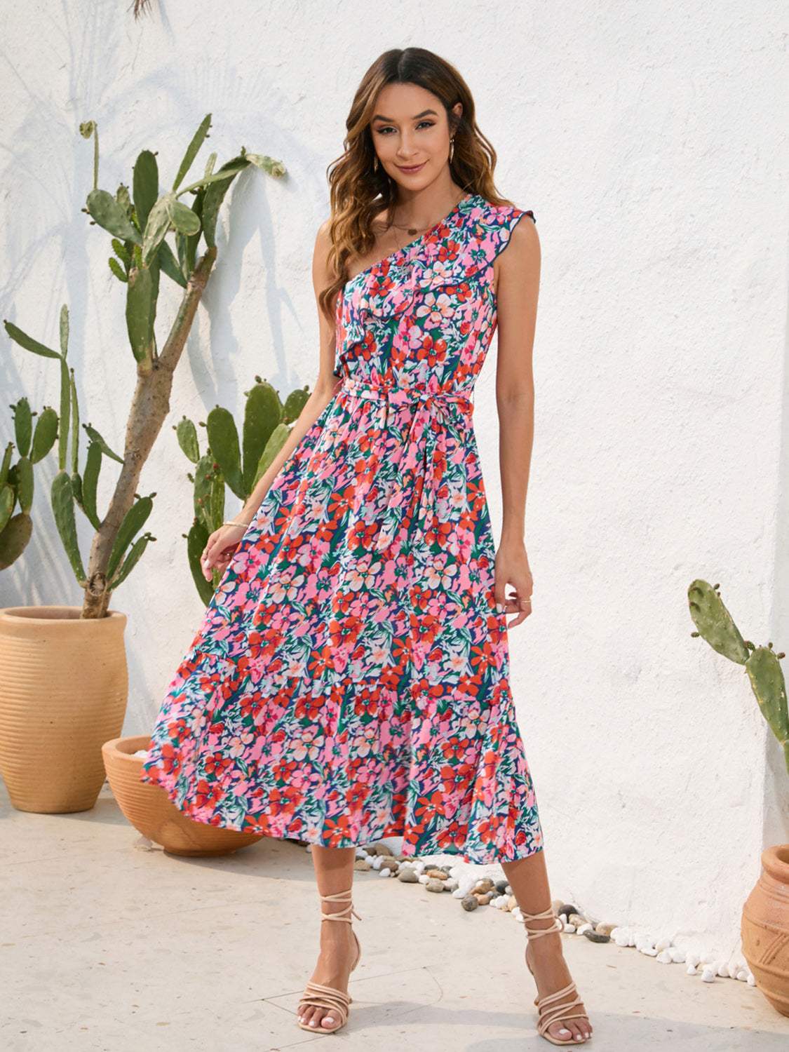 Ruffled Printed One Shoulder Midi Dress Casual Dresses - Tophatter Daily Deals