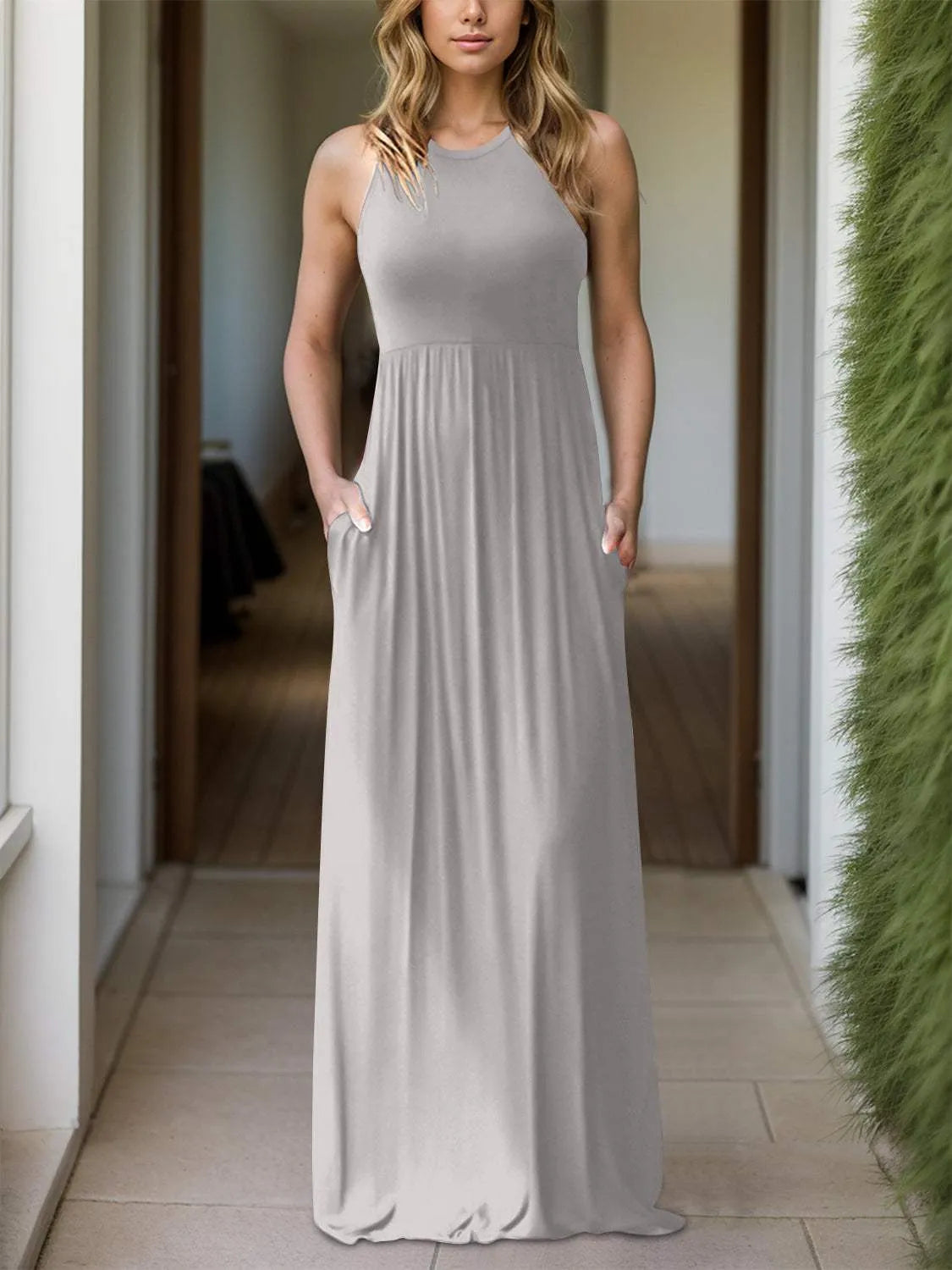 Full Size Grecian Neck Dress with Pockets Light Blue Casual Dresses - Tophatter Daily Deals