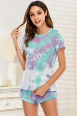Tie-Dye Round Neck Short Sleeve Top and Shorts Lounge Set Loungewear Sets - Tophatter Daily Deals