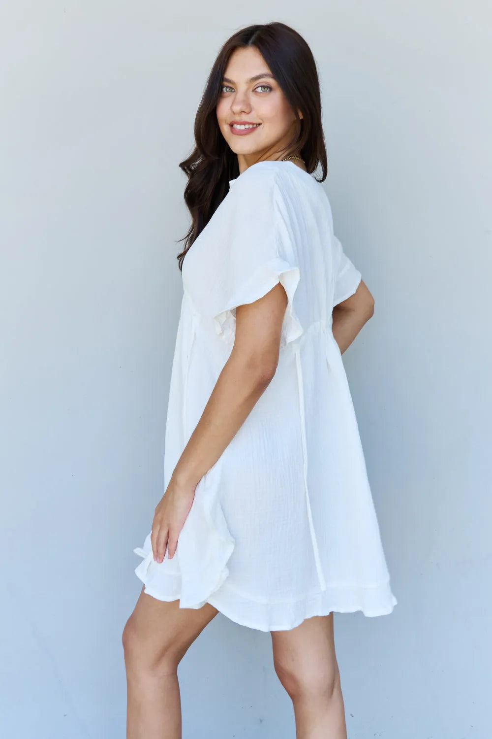 Ninexis Out Of Time Full Size Ruffle Hem Dress with Drawstring Waistband in White Casual Dresses - Tophatter Daily Deals