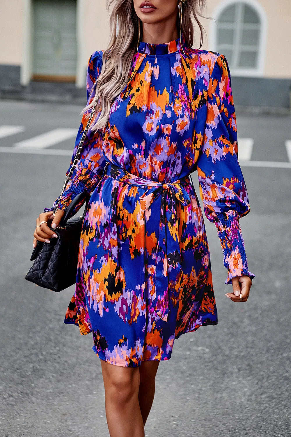 Printed Tie Waist Mock Neck Lantern Sleeve Dress Royal Blue Casual Dresses - Tophatter Daily Deals