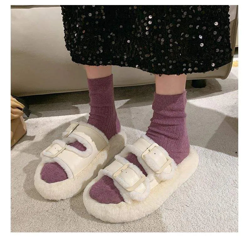 Women's Fashion All-match Furry Fleece-lined Belt Buckle Cotton Slippers Humidifier - Tophatter Daily Deals