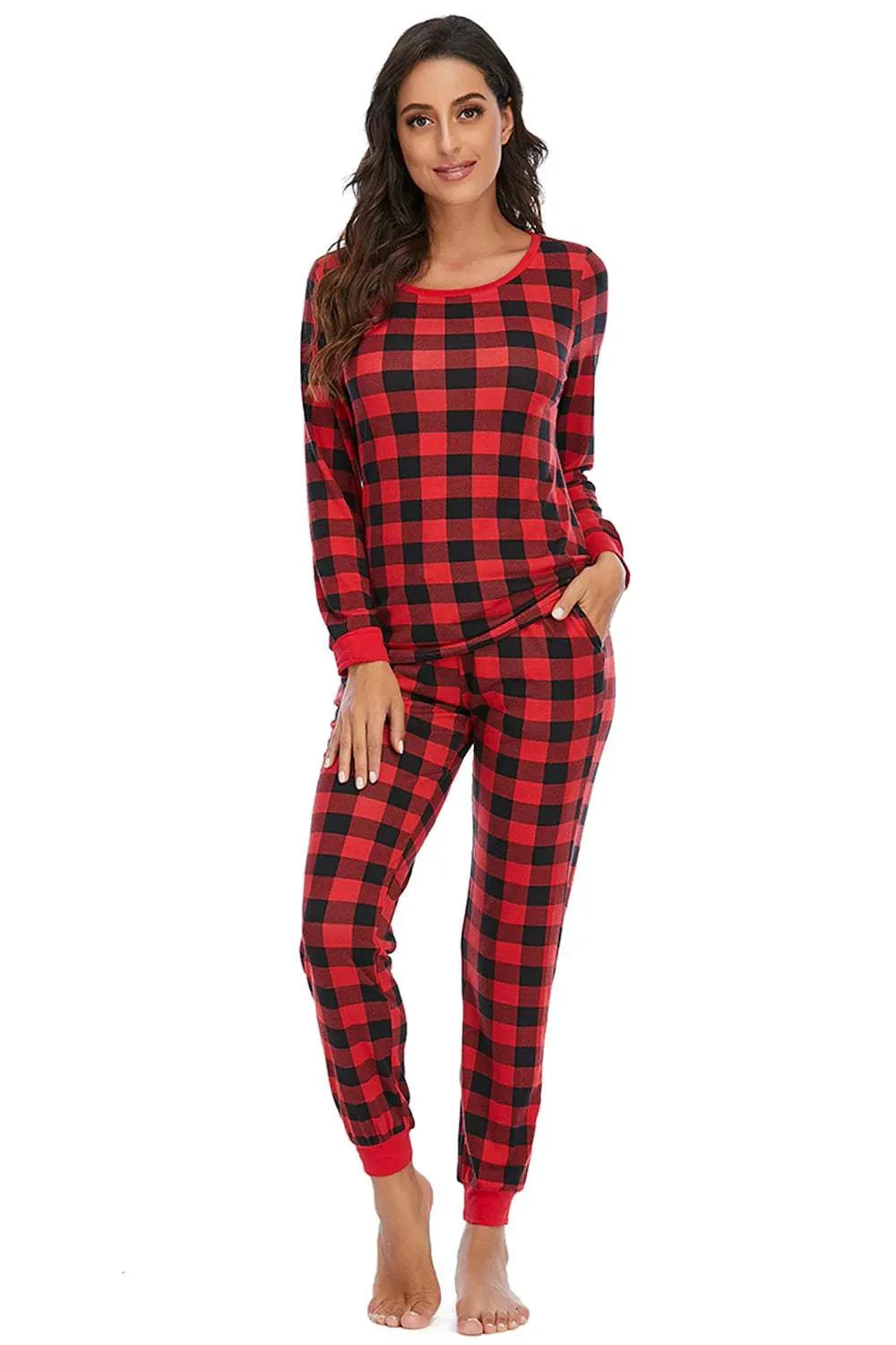 Plaid Round Neck Top and Pants Set Loungewear Sets - Tophatter Daily Deals
