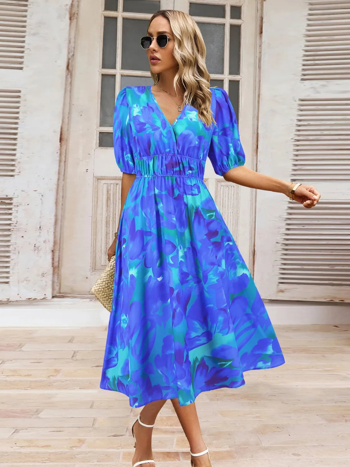 Ruched Printed Surplice Short Sleeve Dress Royal Blue Casual Dresses - Tophatter Daily Deals