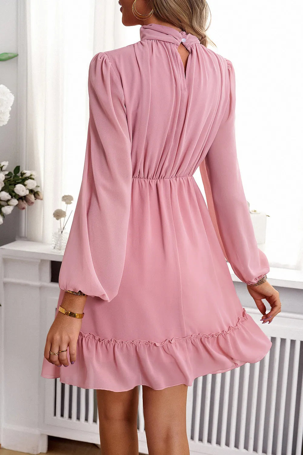 Frill Ruched Mock Neck Balloon Sleeve Dress Casual Dresses - Tophatter Daily Deals