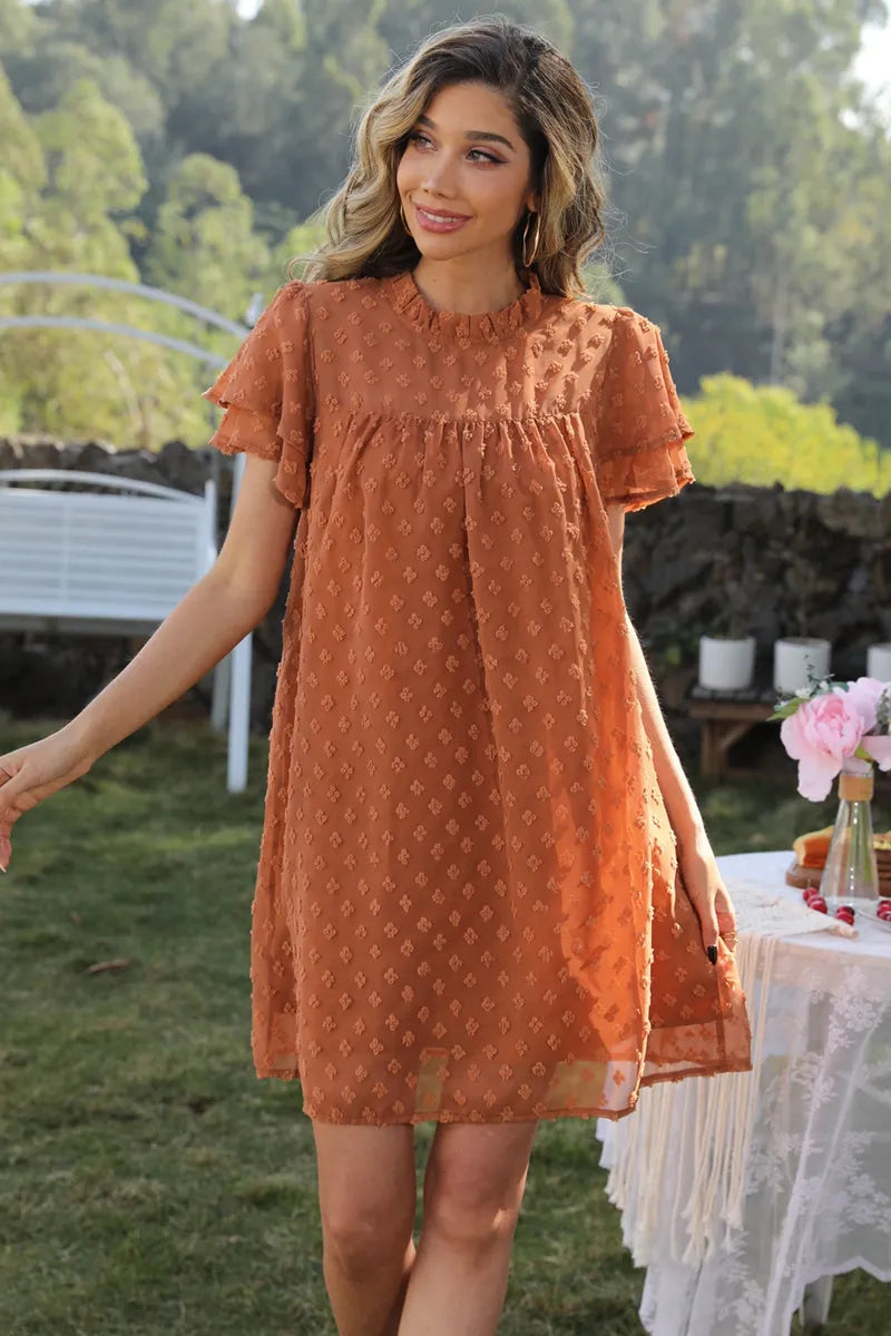 Swiss Dot Round Neck Flutter Sleeve Dress Ochre Casual Dresses - Tophatter Daily Deals