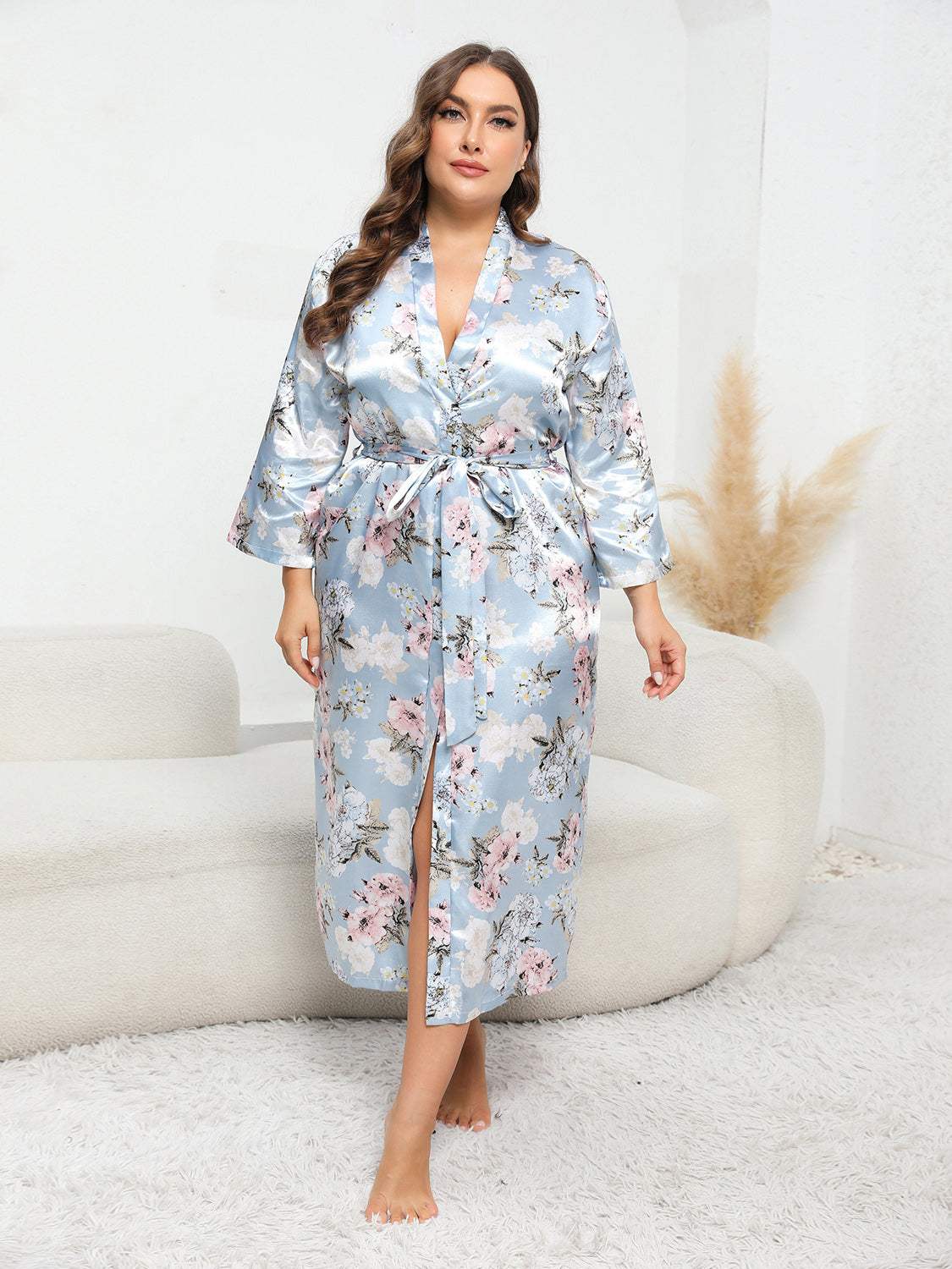 Plus Size Tie Waist Robe Misty Blue Sleep Dresses - Tophatter Daily Deals